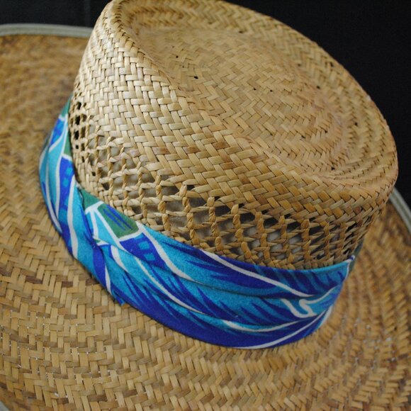 Vintage Straw Sun Hat with Tropical Fabric Band Made in USA - Picture 6 of 13